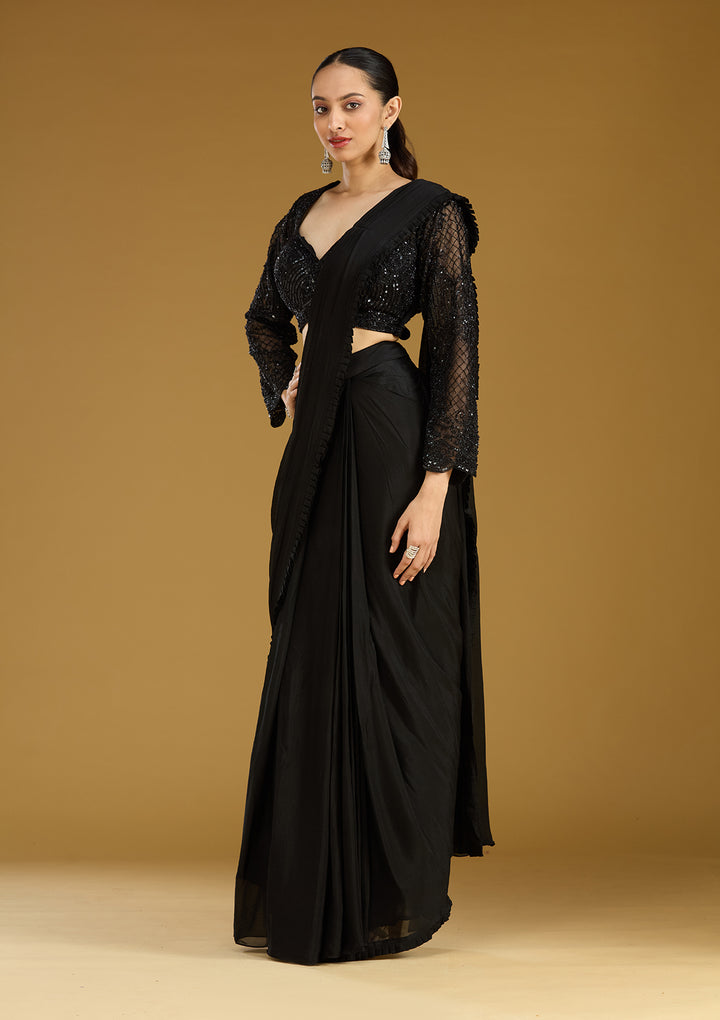Black Satin Cutdana Saree With Matching Blouse Piece