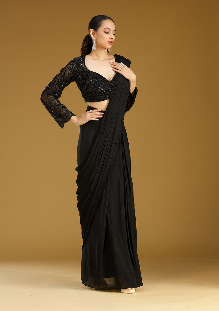 Black Satin Cutdana Saree With Matching Blouse Piece