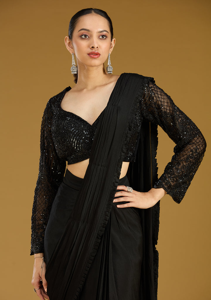 Black Satin Cutdana Saree With Matching Blouse Piece