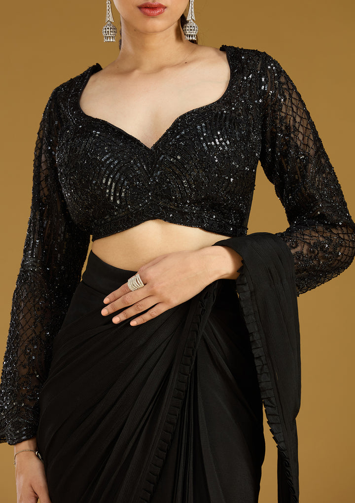 Black Satin Cutdana Saree With Matching Blouse Piece