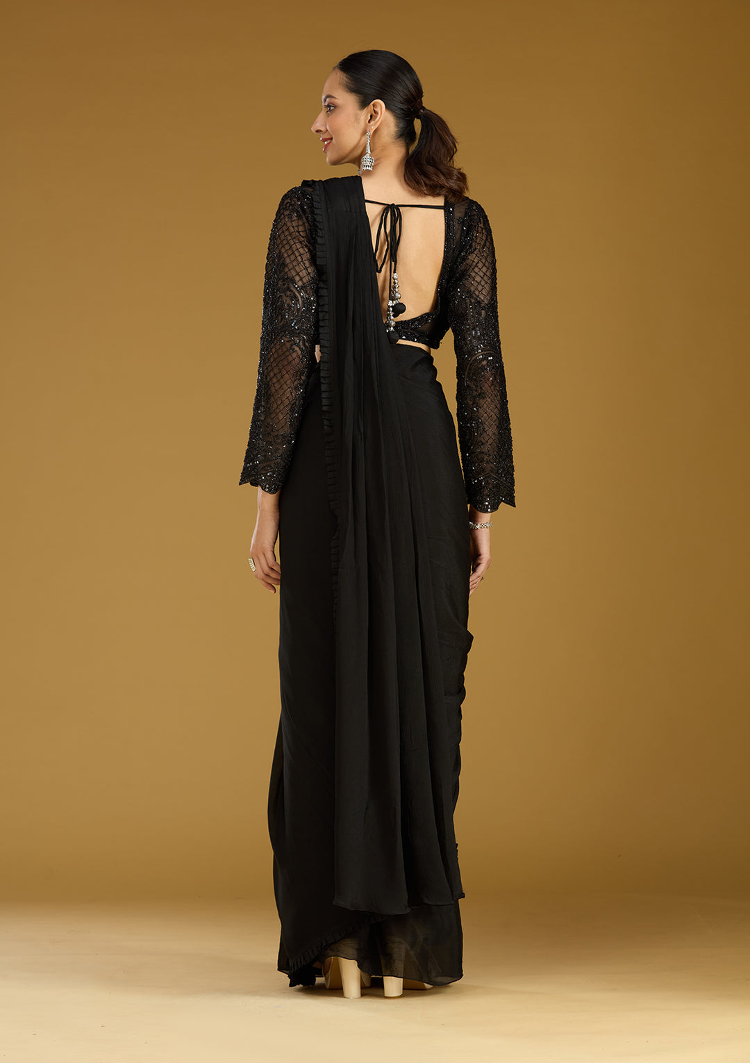 Black Satin Cutdana Saree With Matching Blouse Piece