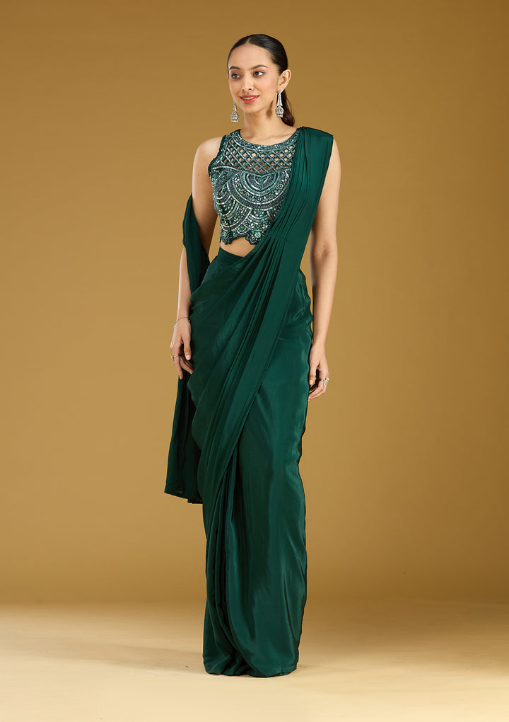 Teal Green Crepe  Cutdana Saree With Matching Blouse Piece