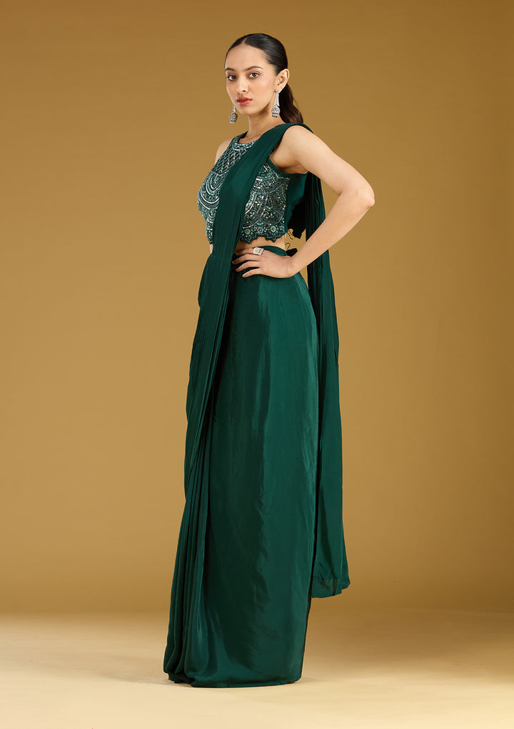 Teal Green Crepe  Cutdana Saree With Matching Blouse Piece