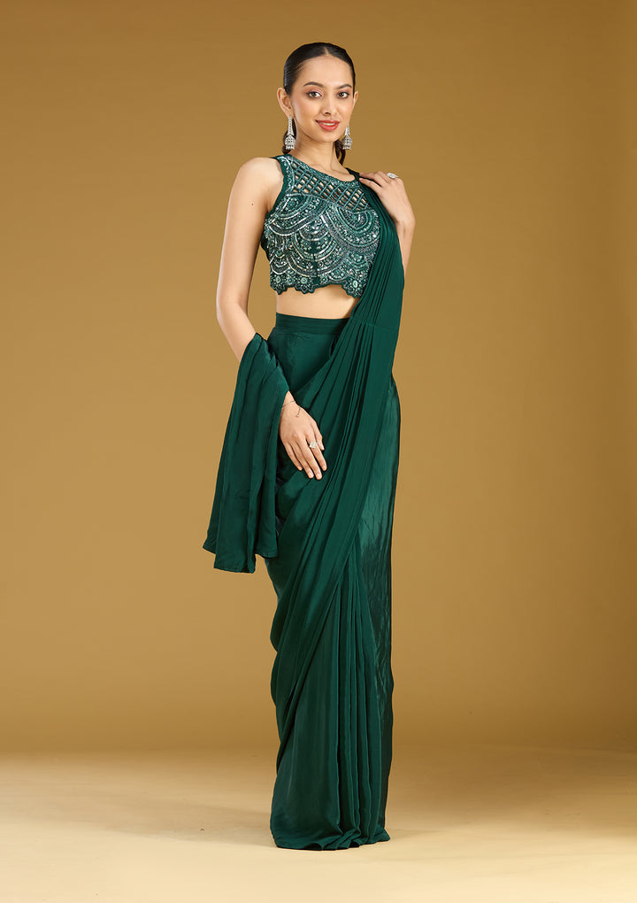 Teal Green Crepe  Cutdana Saree With Matching Blouse Piece