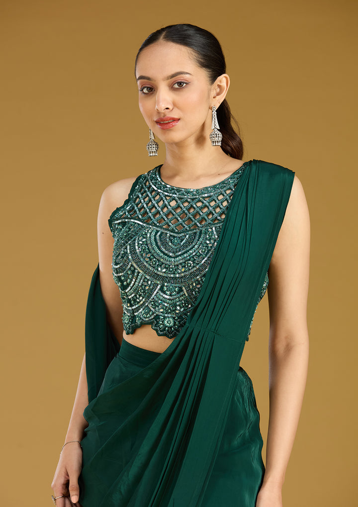 Teal Green Crepe  Cutdana Saree With Matching Blouse Piece