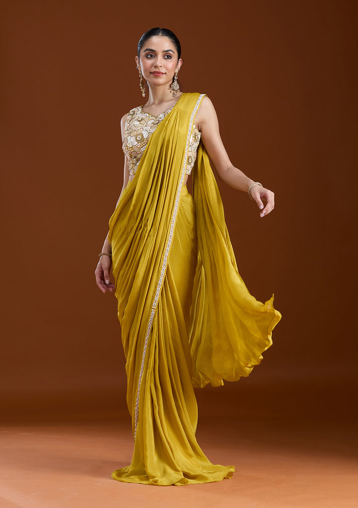 Yellow Chinon Sequins Saree With Matching Blouse Piece