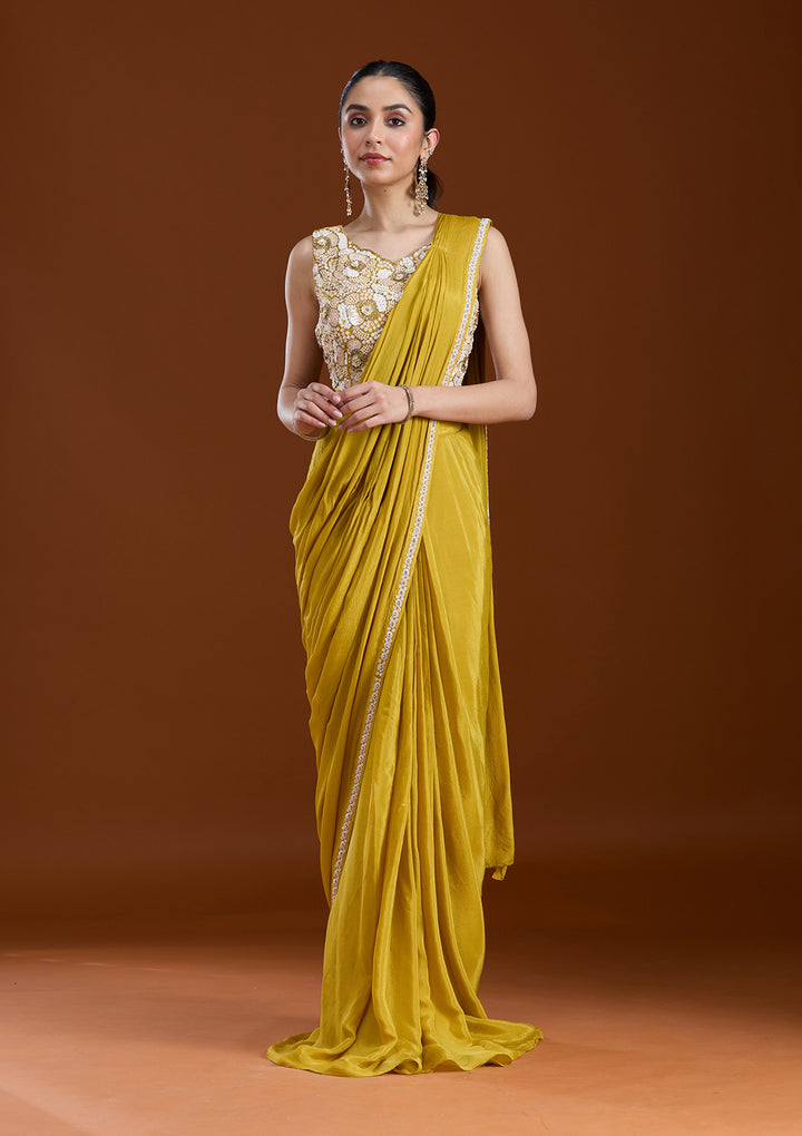 Yellow Chinon Sequins Saree With Matching Blouse Piece