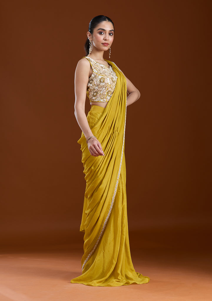 Yellow Chinon Sequins Saree With Matching Blouse Piece