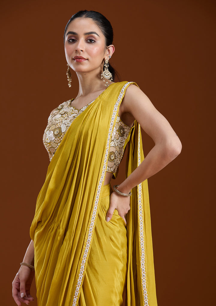 Yellow Chinon Sequins Saree With Matching Blouse Piece