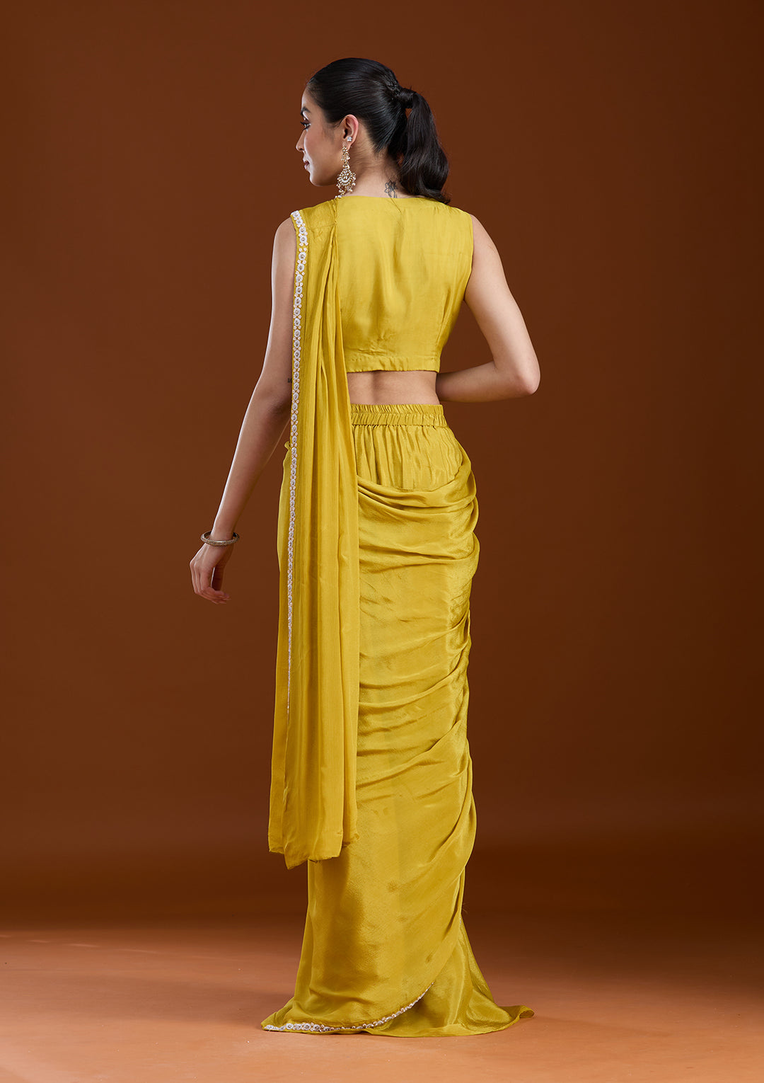 Yellow Chinon Sequins Saree With Matching Blouse Piece