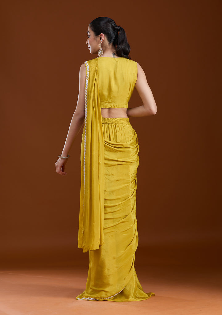 Yellow Chinon Sequins Saree With Matching Blouse Piece