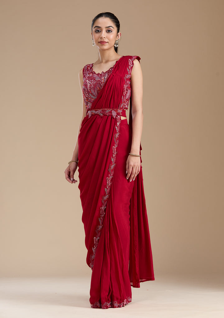 Maroon Sequins Satin Saree