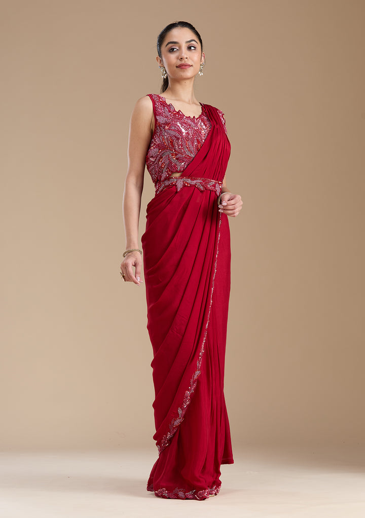 Maroon Sequins Satin Saree