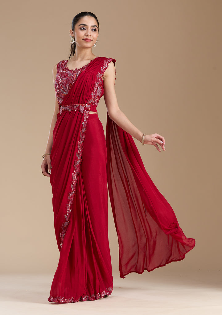 Maroon Sequins Satin Saree