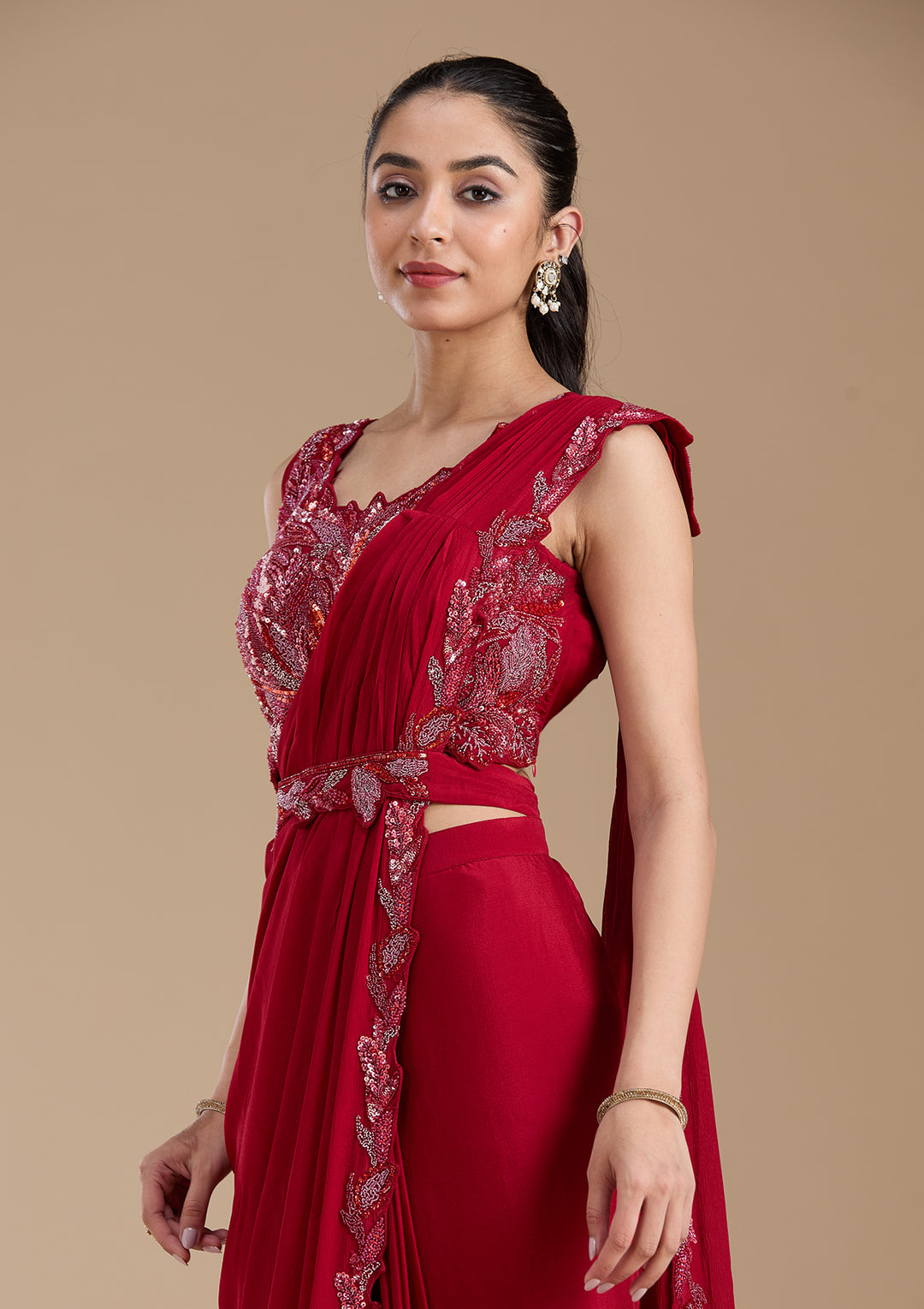Maroon Sequins Satin Saree