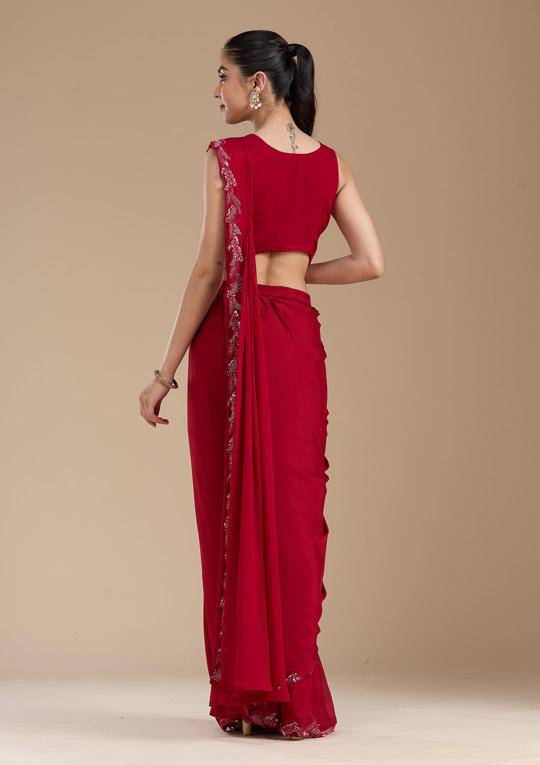 Maroon Sequins Satin Saree
