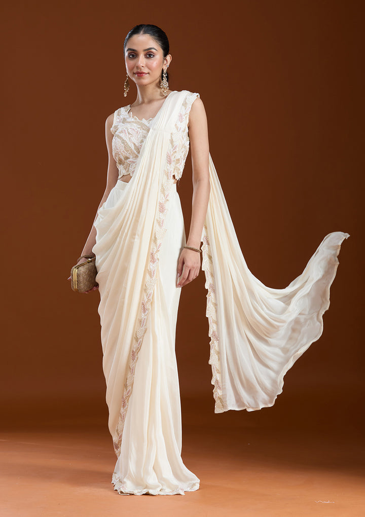 Off White Satin Sequins Saree With Matching Blouse Piece