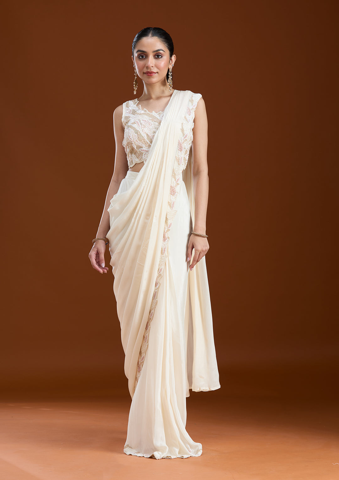Off White Satin Sequins Saree With Matching Blouse Piece