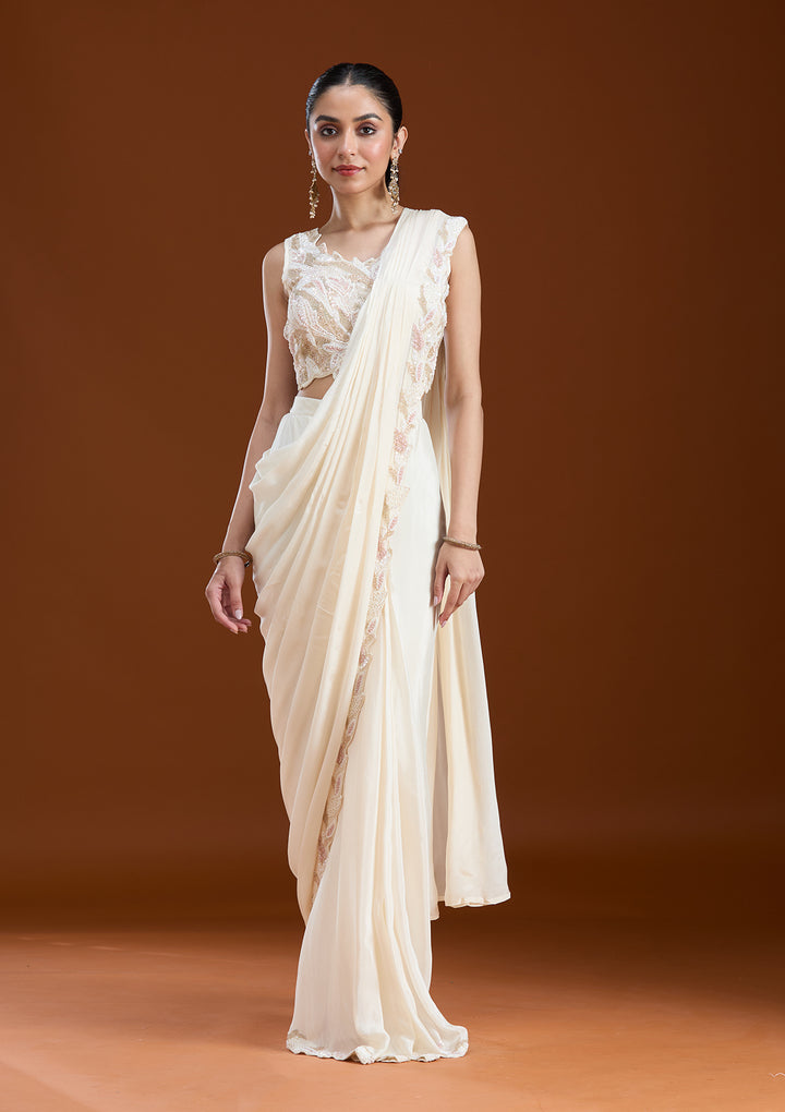 Off White Satin Sequins Saree With Matching Blouse Piece