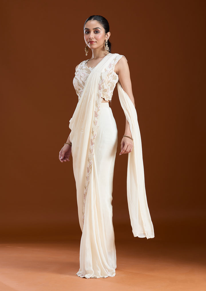 Off White Satin Sequins Saree With Matching Blouse Piece