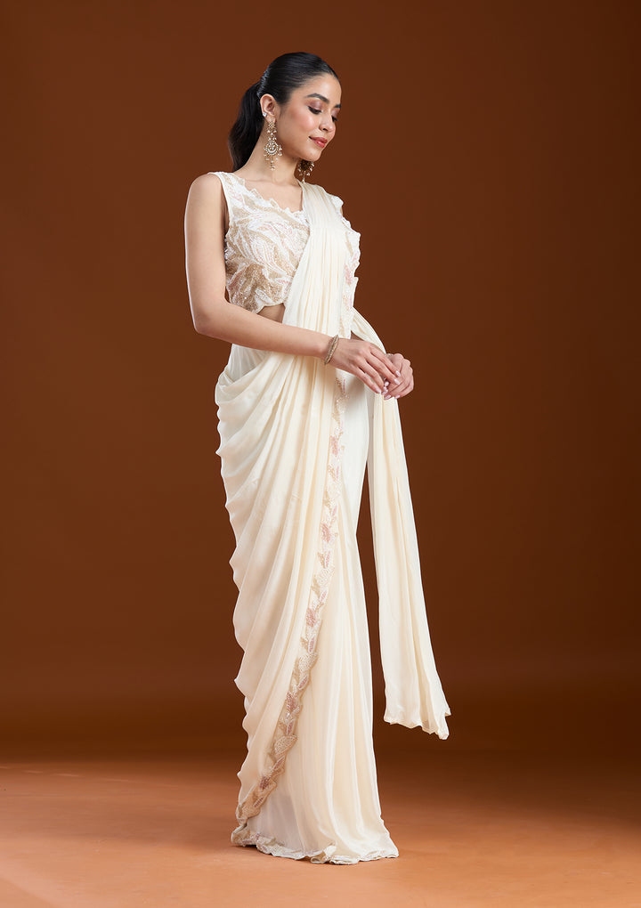 Off White Satin Sequins Saree With Matching Blouse Piece