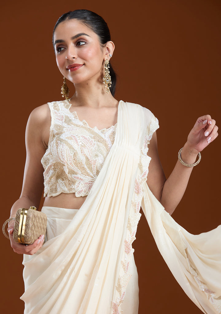 Off White Satin Sequins Saree With Matching Blouse Piece