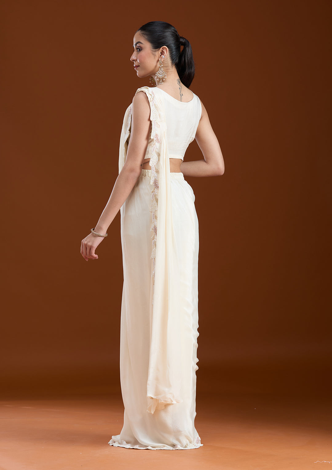 Off White Satin Sequins Saree With Matching Blouse Piece