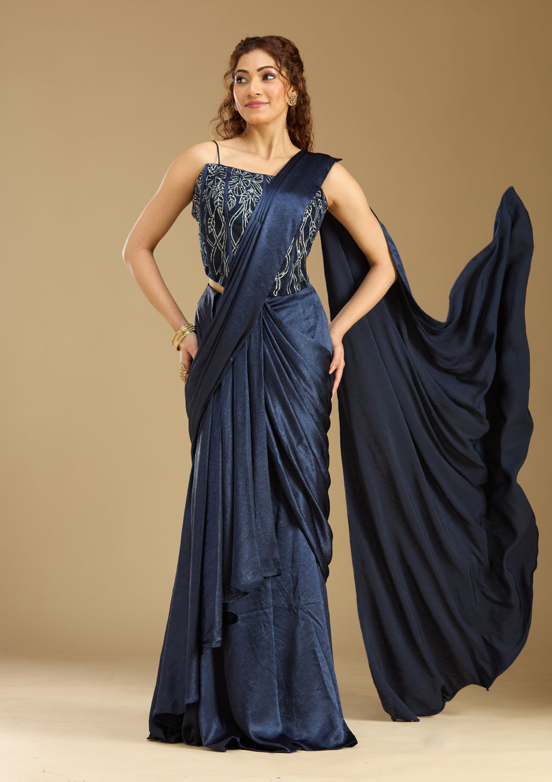 Navy Blue Chinon  Cutdana Saree With Matching Blouse Piece