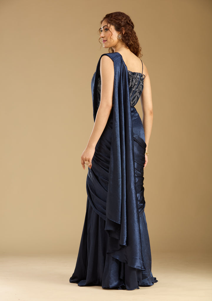 Navy Blue Chinon  Cutdana Saree With Matching Blouse Piece