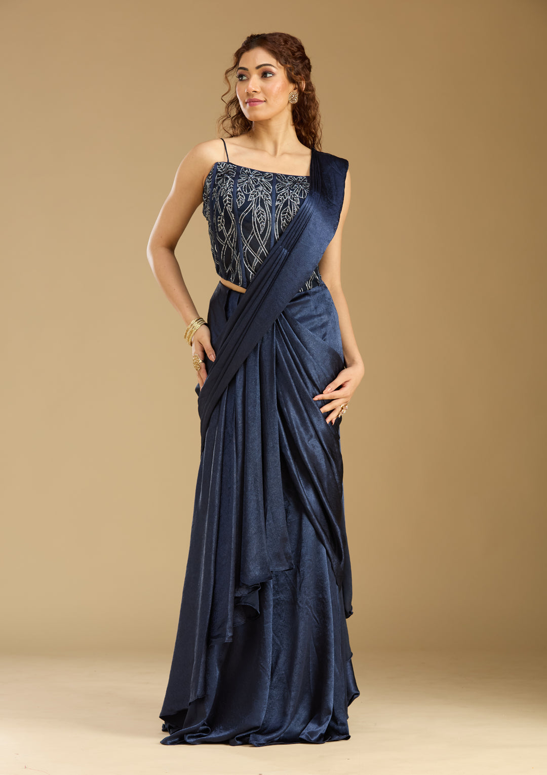 Navy Blue Chinon  Cutdana Saree With Matching Blouse Piece
