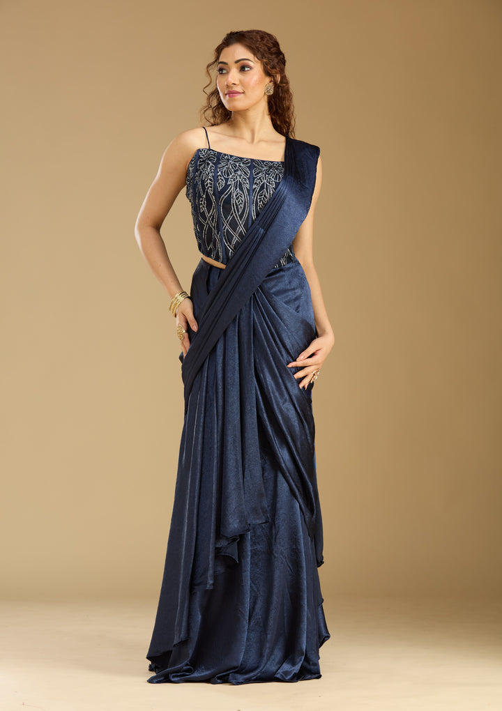 Navy Blue Chinon  Cutdana Saree With Matching Blouse Piece