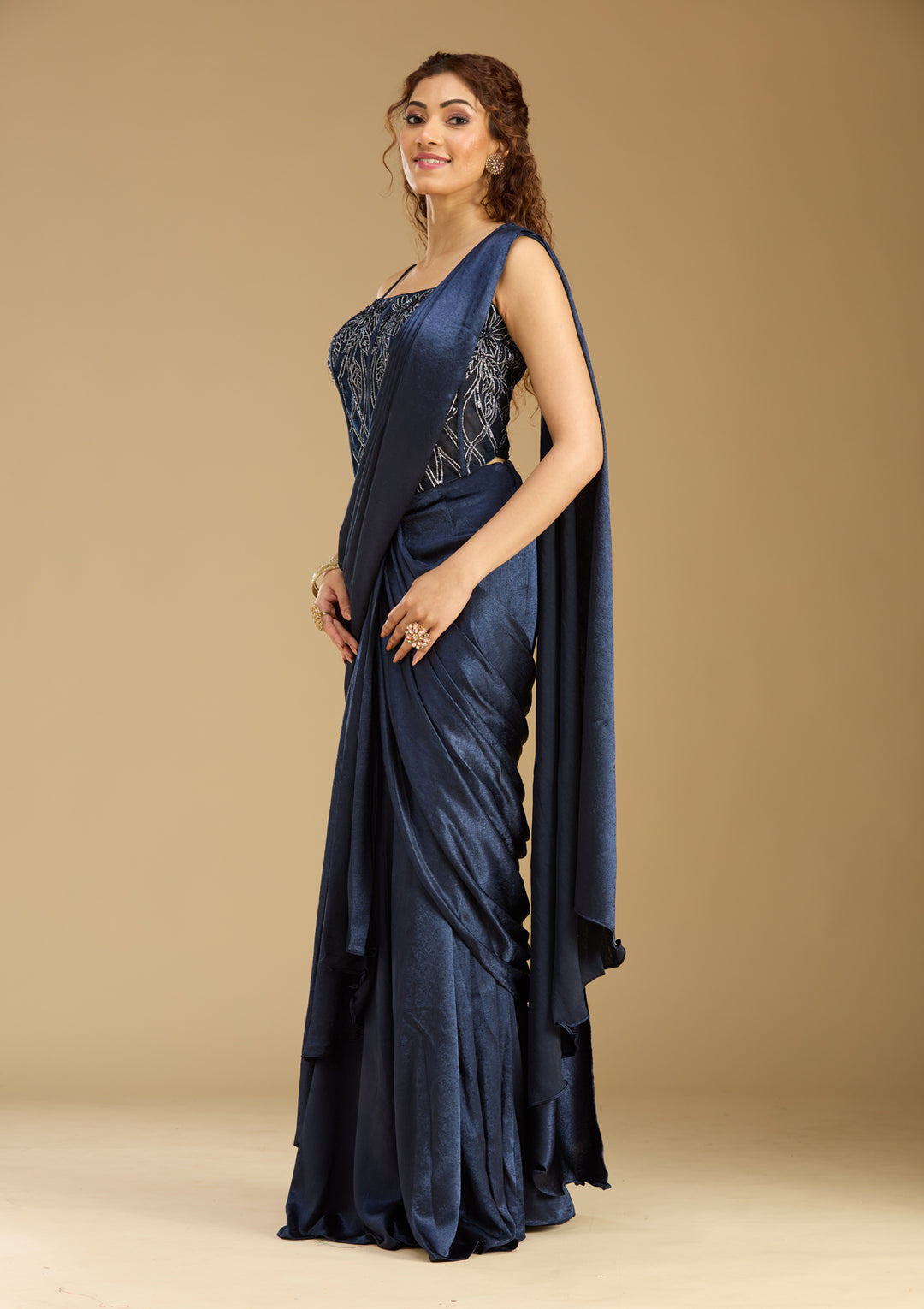 Navy Blue Chinon  Cutdana Saree With Matching Blouse Piece