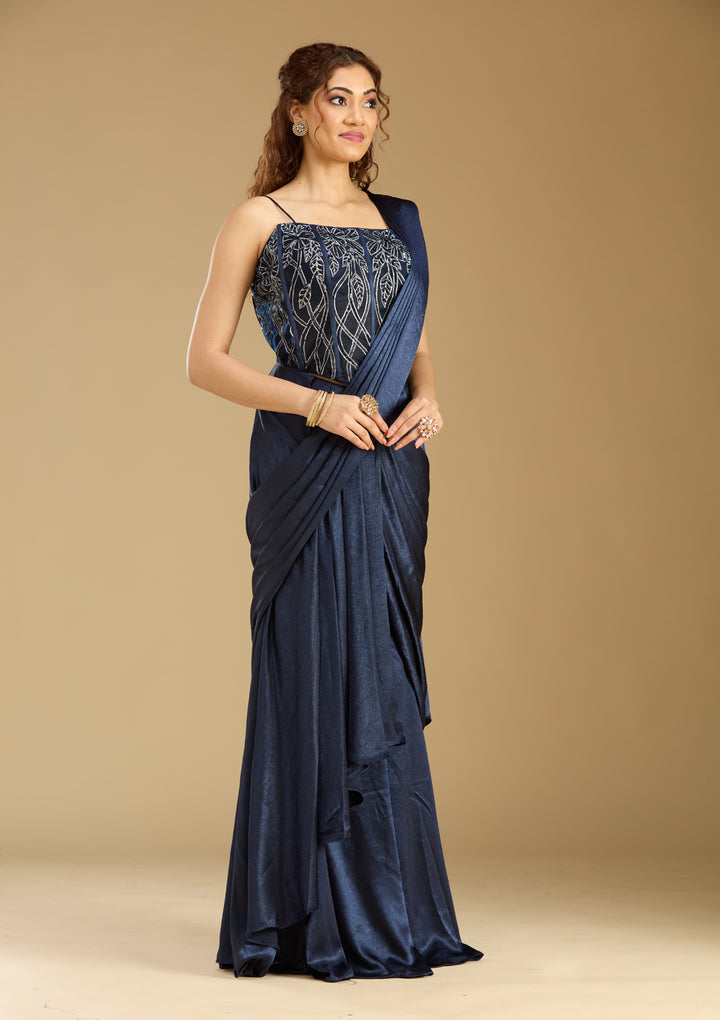 Navy Blue Chinon  Cutdana Saree With Matching Blouse Piece