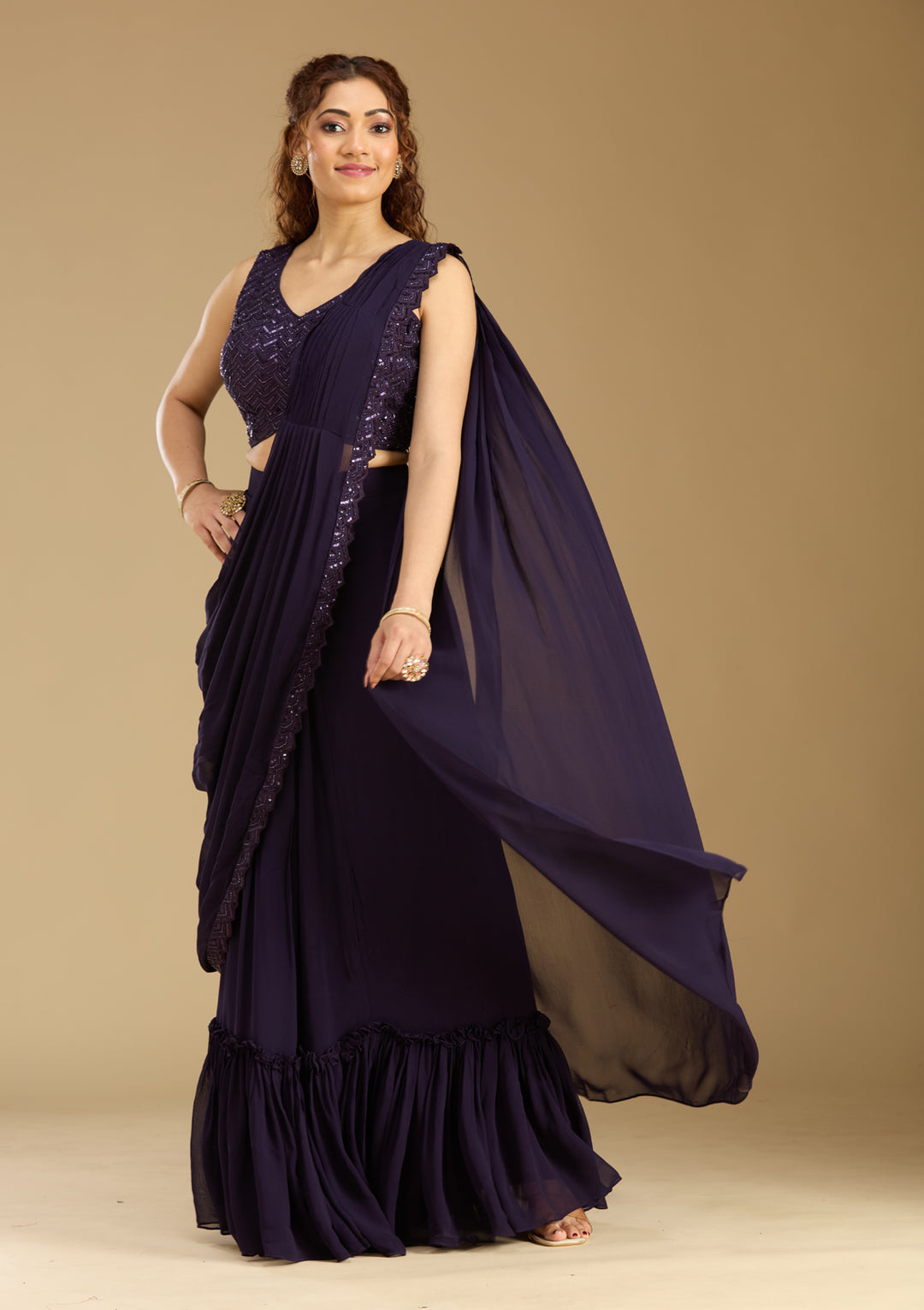 Purple Crepe  Sequins Saree With Matching Blouse Piece