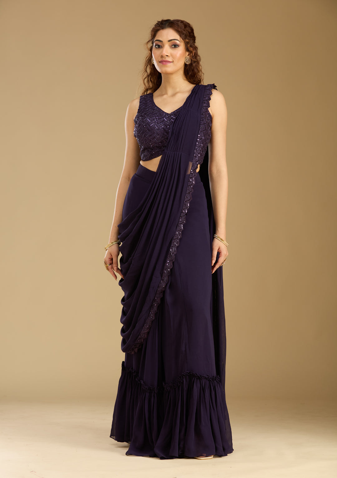 Purple Crepe  Sequins Saree With Matching Blouse Piece