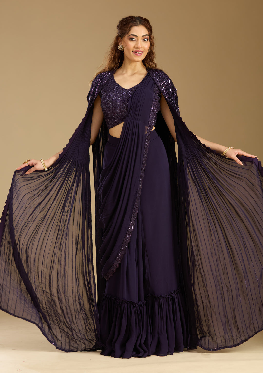 Purple Crepe  Sequins Saree With Matching Blouse Piece