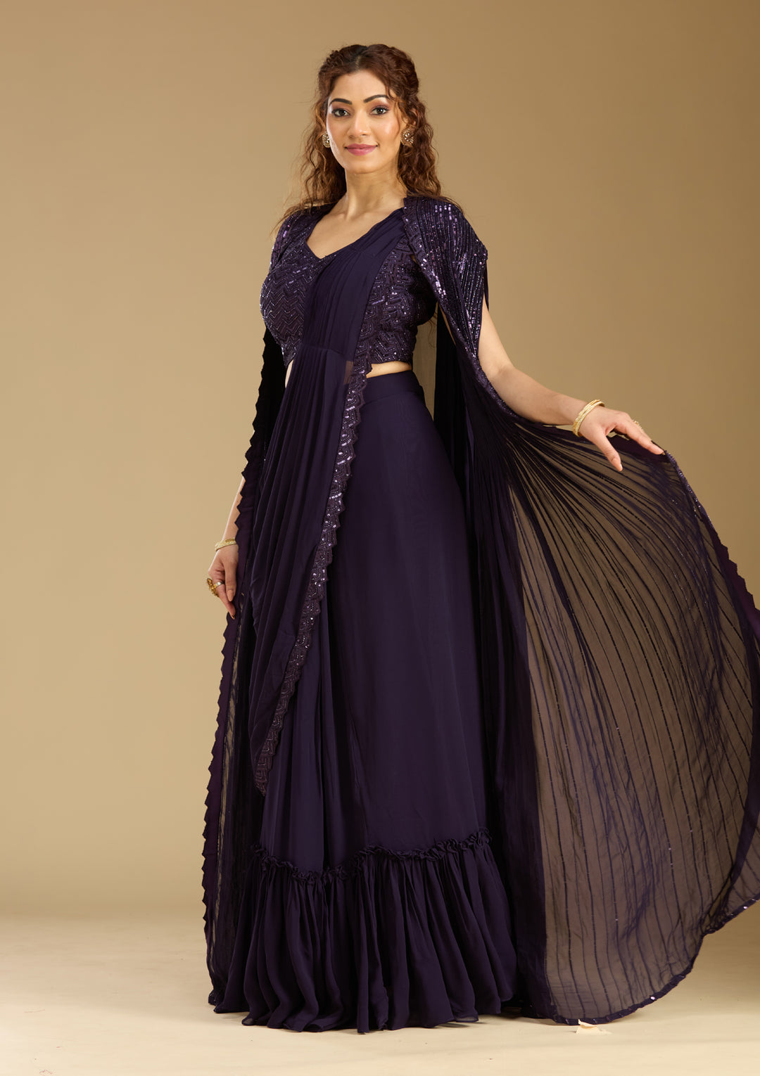 Purple Crepe  Sequins Saree With Matching Blouse Piece