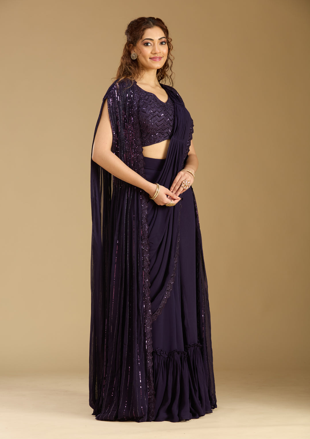 Purple Crepe  Sequins Saree With Matching Blouse Piece