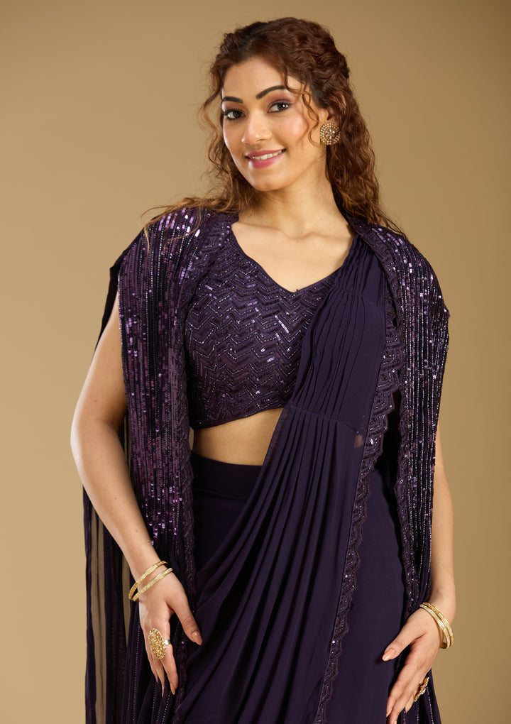 Purple Crepe  Sequins Saree With Matching Blouse Piece