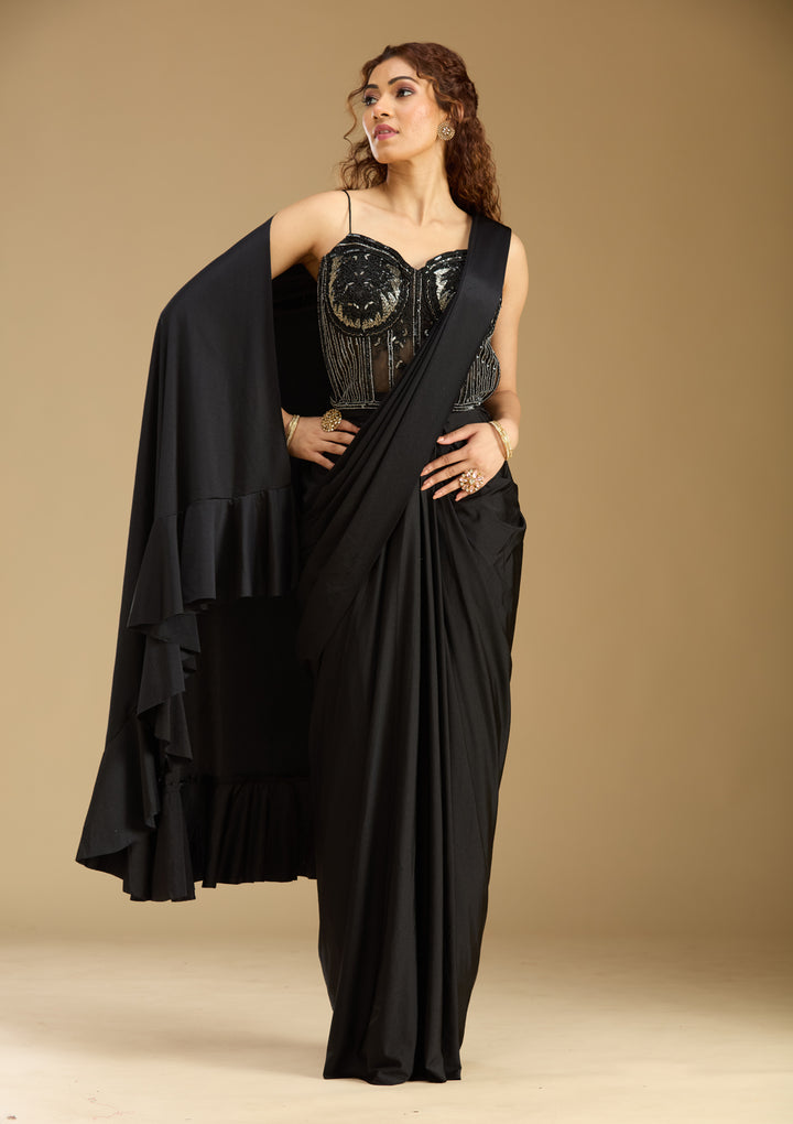 Black Satin  Sequins Saree With Matching Blouse Piece