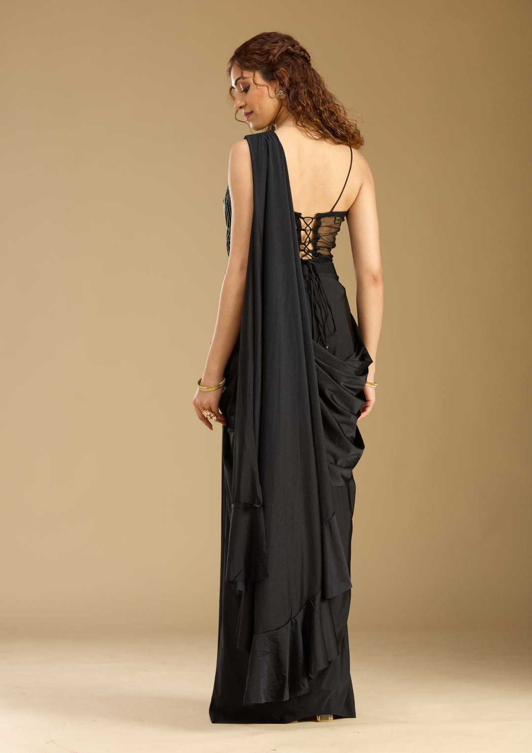 Black Satin  Sequins Saree With Matching Blouse Piece