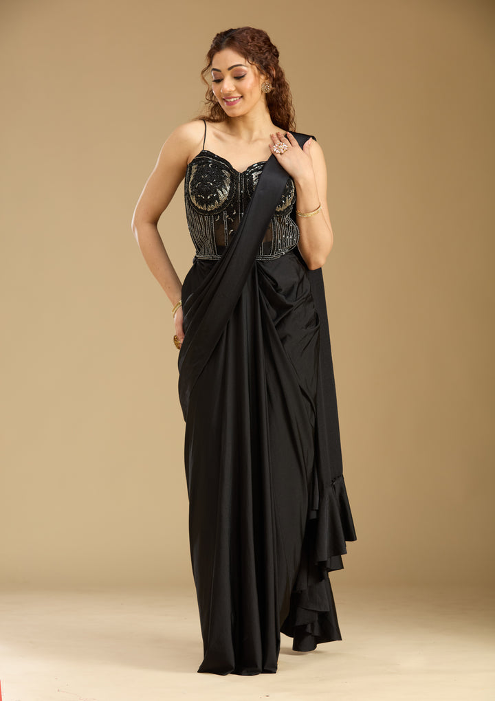 Black Satin  Sequins Saree With Matching Blouse Piece