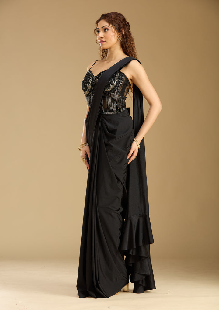 Black Satin  Sequins Saree With Matching Blouse Piece