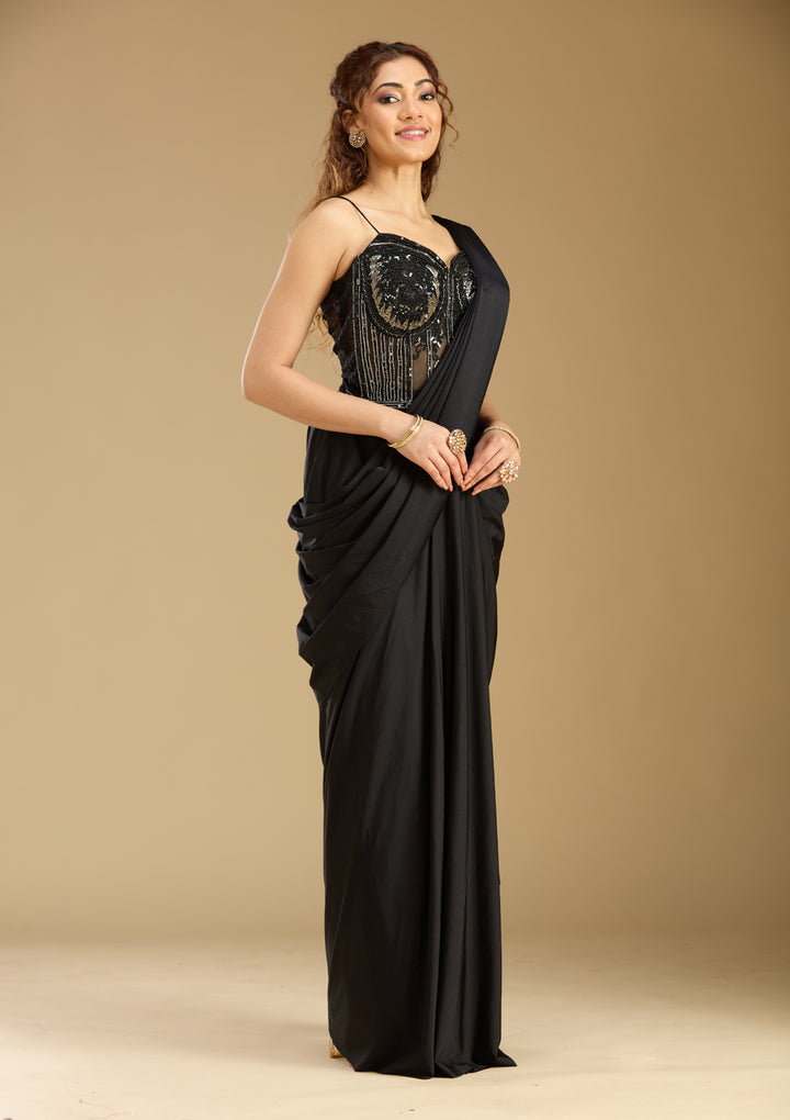 Black Satin  Sequins Saree With Matching Blouse Piece