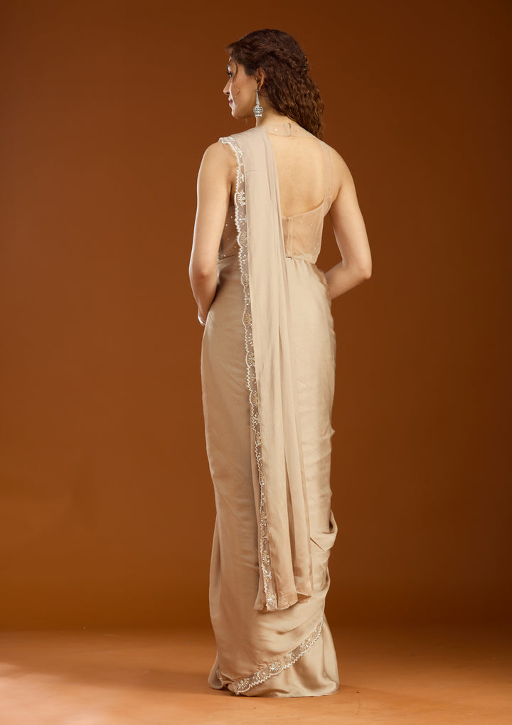 Beige Satin  Cutdana Saree With Matching Blouse Piece