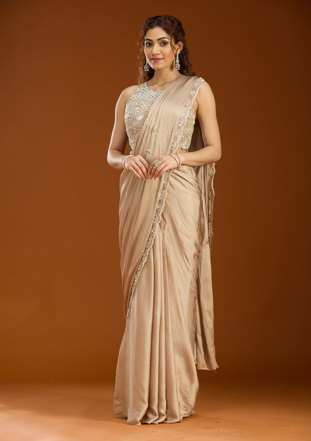Beige Satin  Cutdana Saree With Matching Blouse Piece