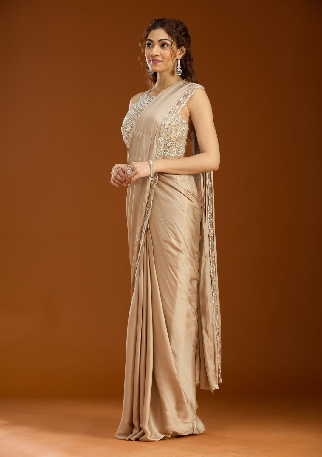Beige Satin  Cutdana Saree With Matching Blouse Piece