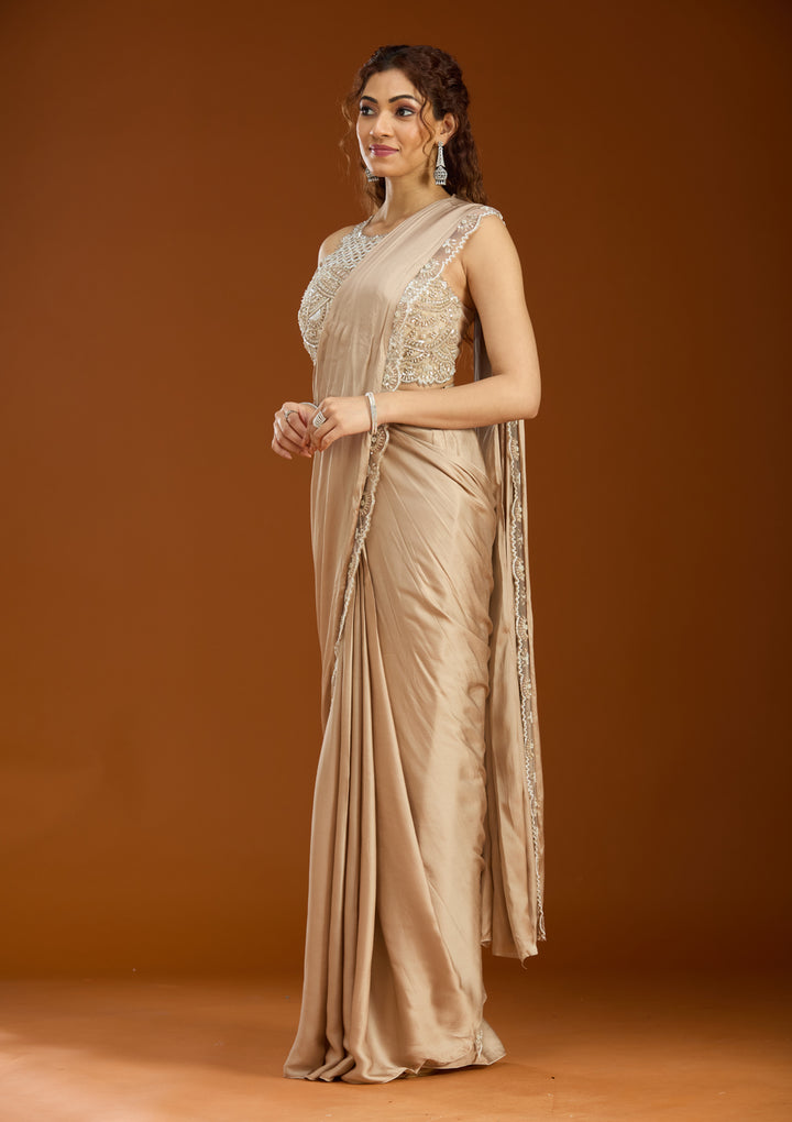 Beige Satin  Cutdana Saree With Matching Blouse Piece