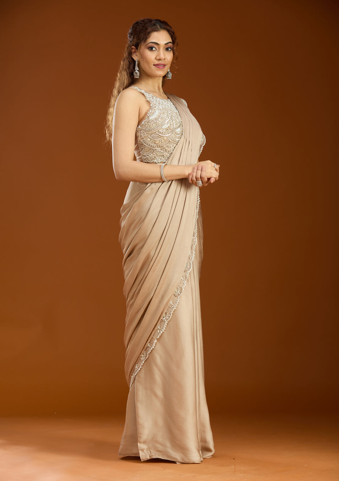 Beige Satin  Cutdana Saree With Matching Blouse Piece
