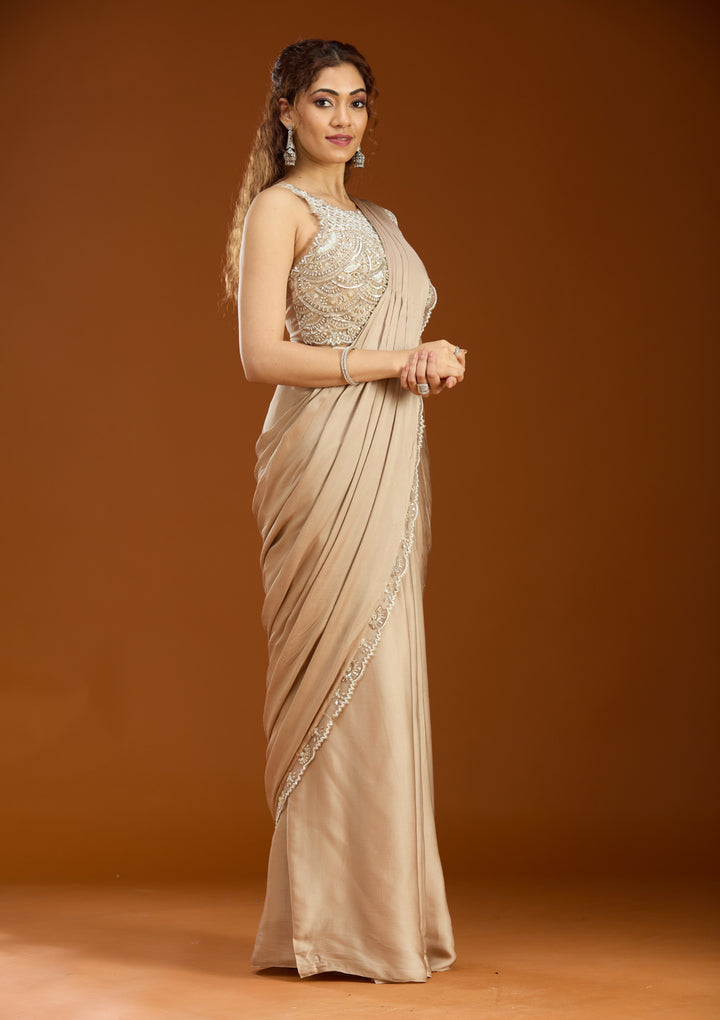 Beige Satin  Cutdana Saree With Matching Blouse Piece